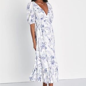 Lulus Precious Forever White Floral Puff Sleeve Backless Midi Dress | Size XL